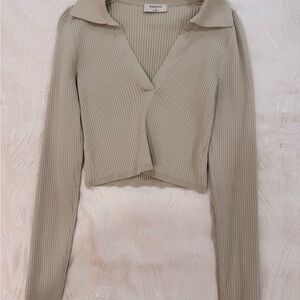 Babaton Taupe Ribbed Long Sleeve Blouse